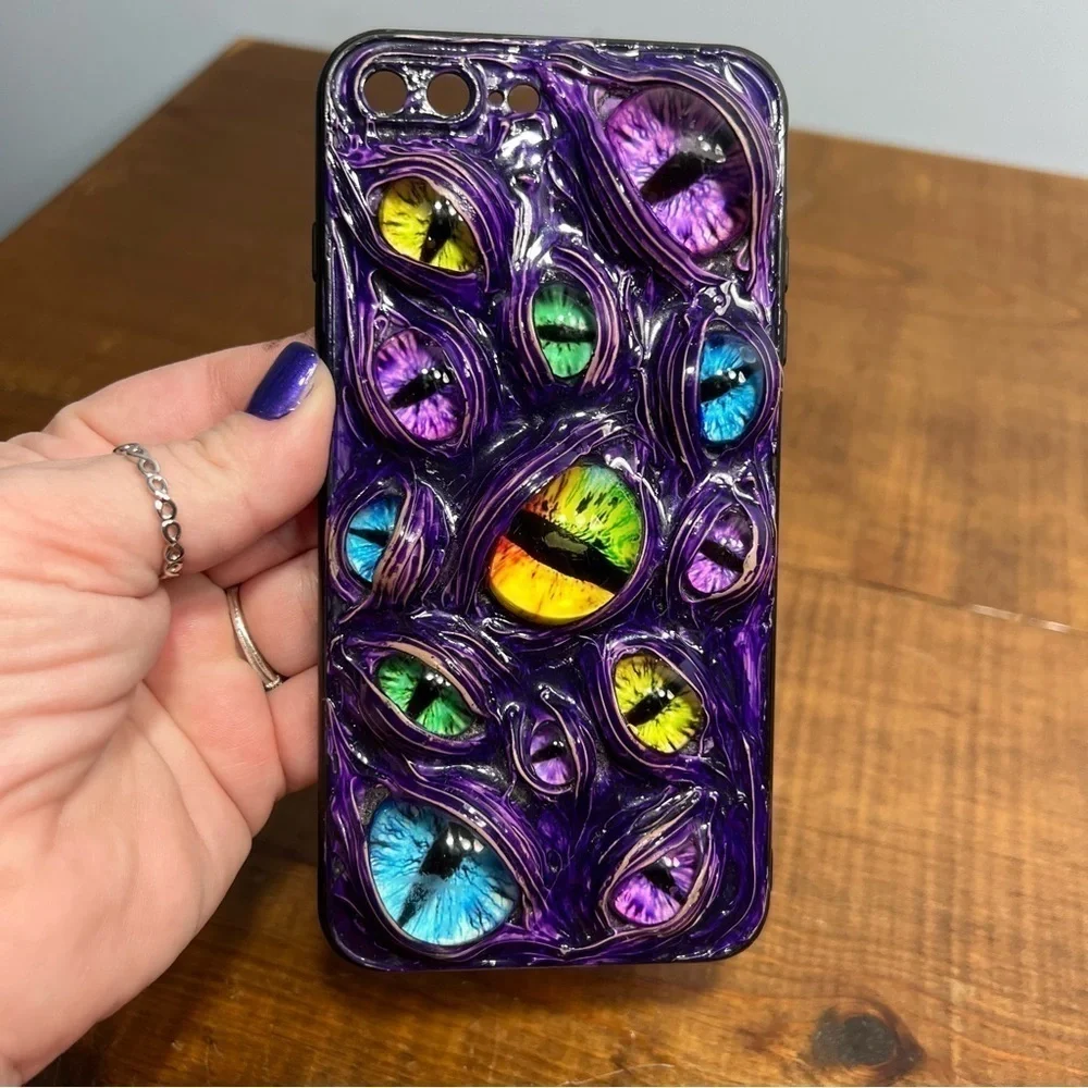 iPhone 8 Plus custom handmade phone case 3D dragon eyes in purple silicone